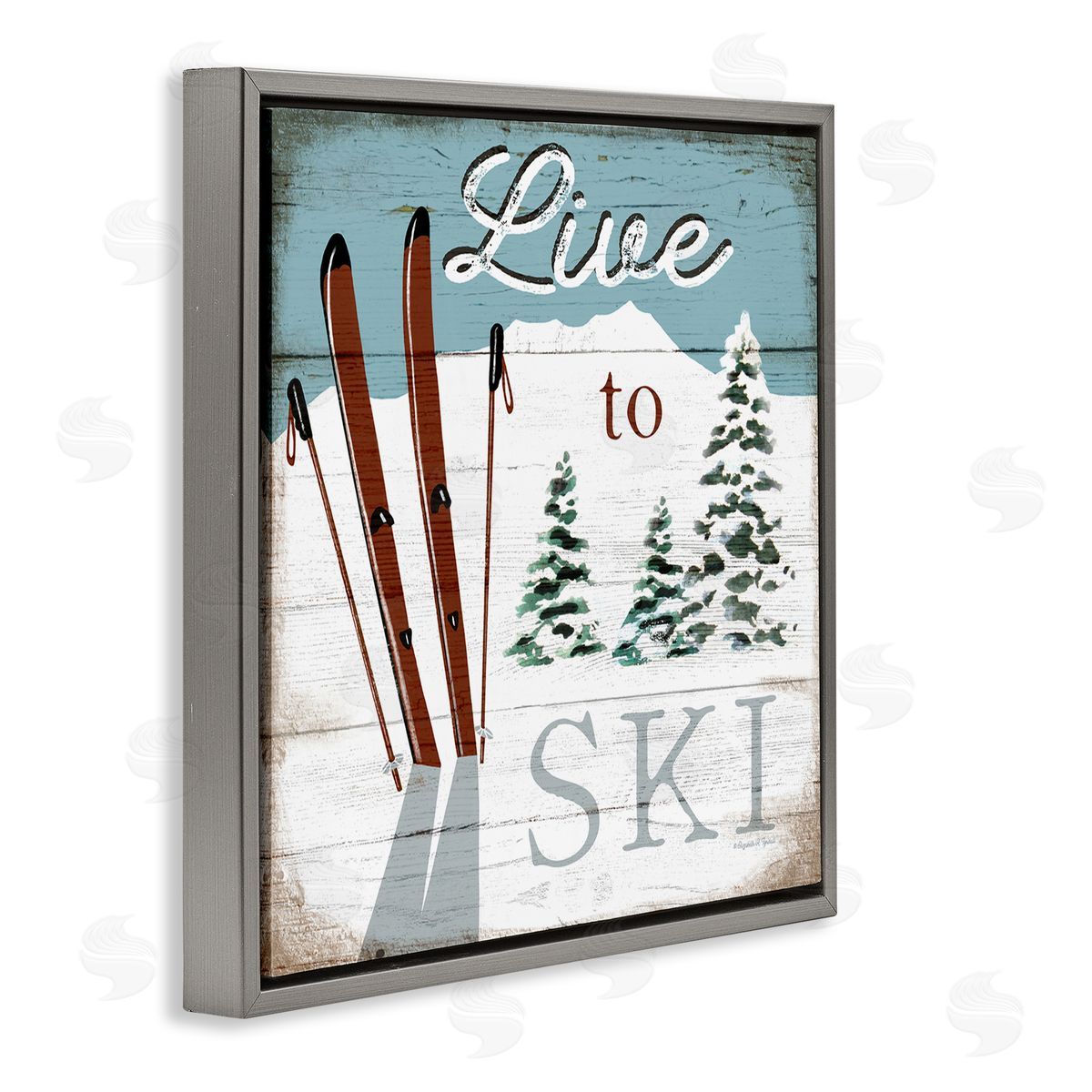 Live To Ski Rustic Snow Sports Grey Floating Frame Canvas Wall Art, Home Decor by Elizabeth Tyndall