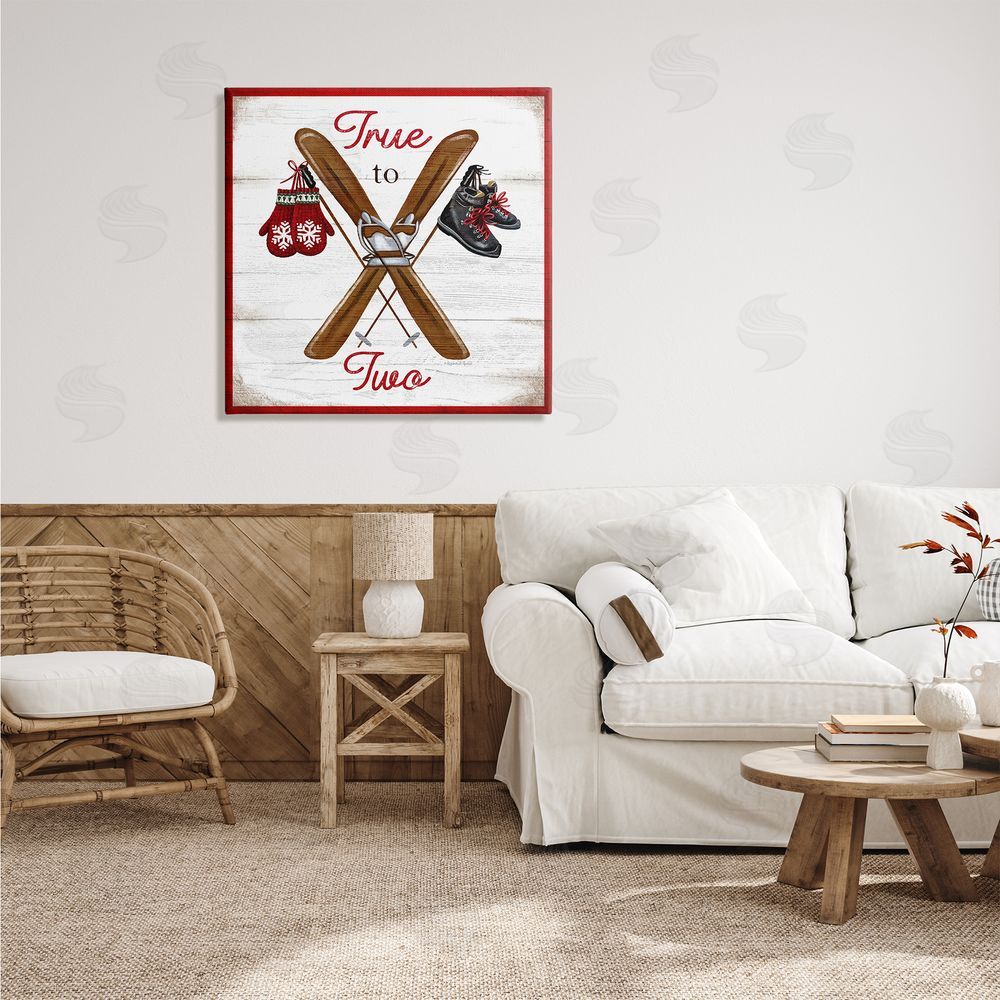 Elizabeth Tyndall True to Two Ski Motivational Phrase Red Mittens Canvas Wall Art in Room