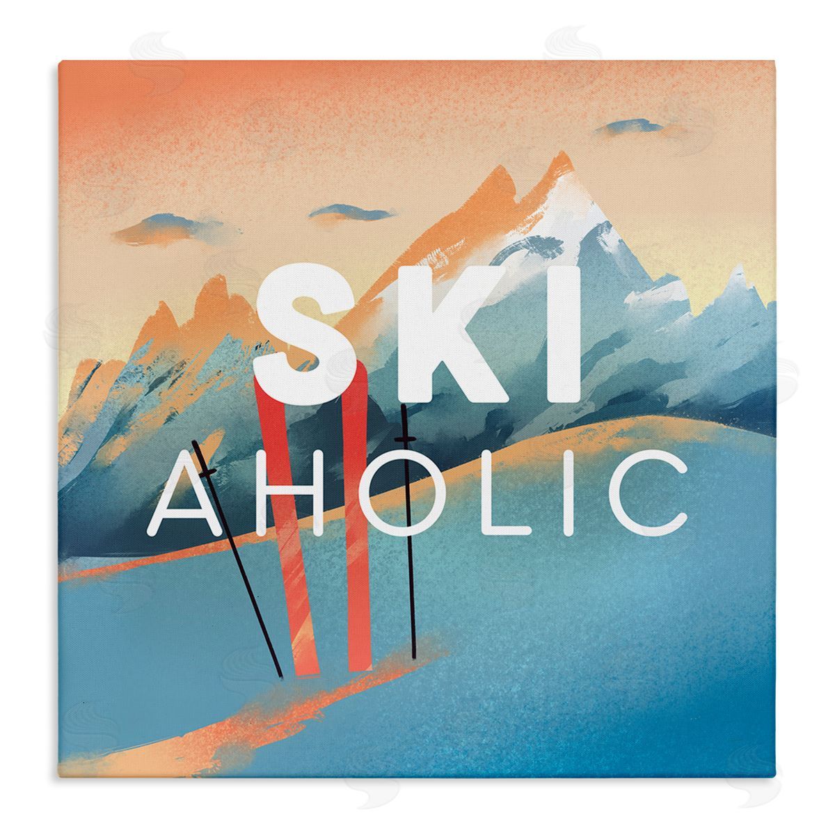 Ziwei Li Ski-Aholic Phrase Sunset Snowy Blue Mountains Winter Sport Stretched Canvas Wall Art Print