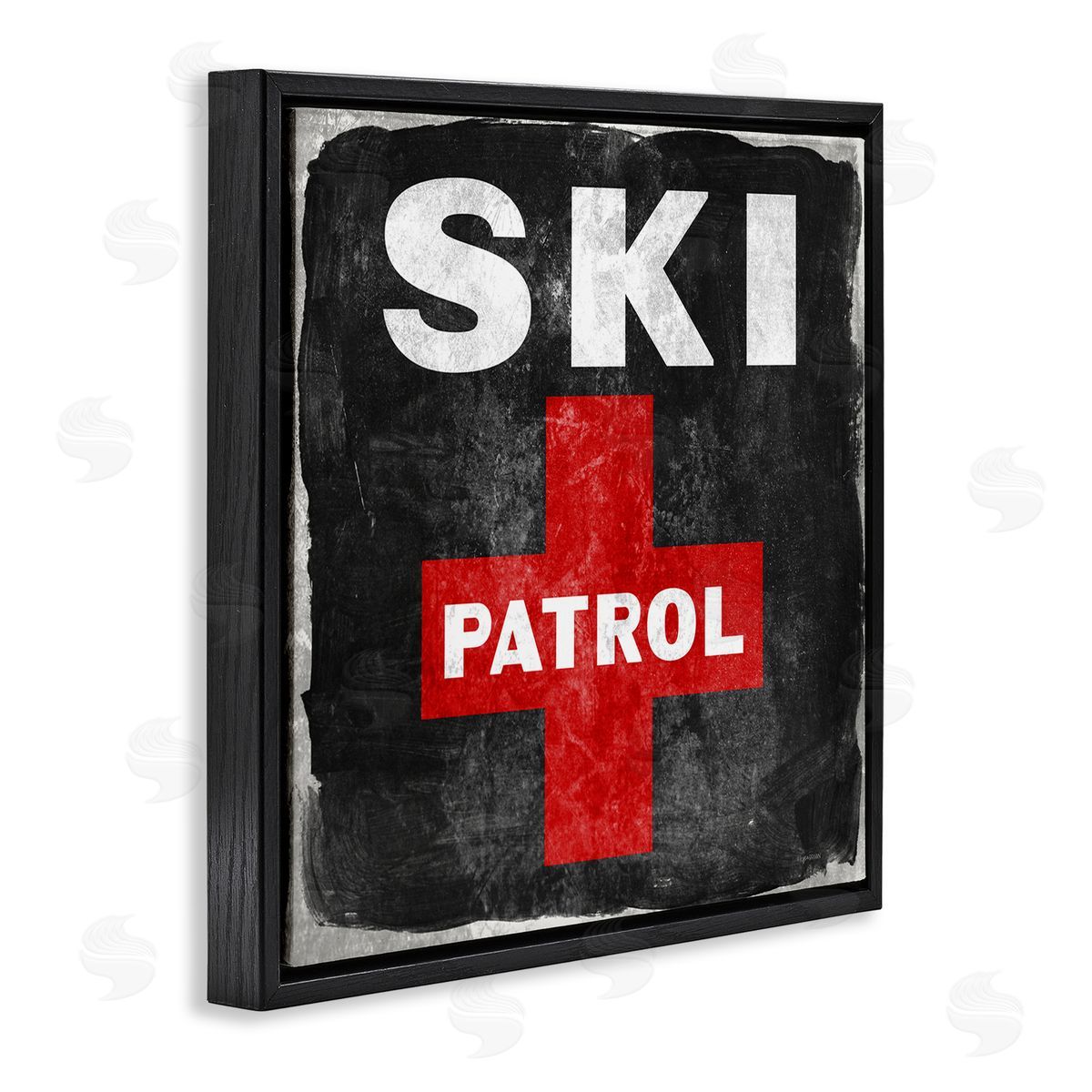 Lady Louise Designs Ski Patrol Sign Red Cross Symbol Rustic Black Black Floating Frame Canvas Wall Art Print