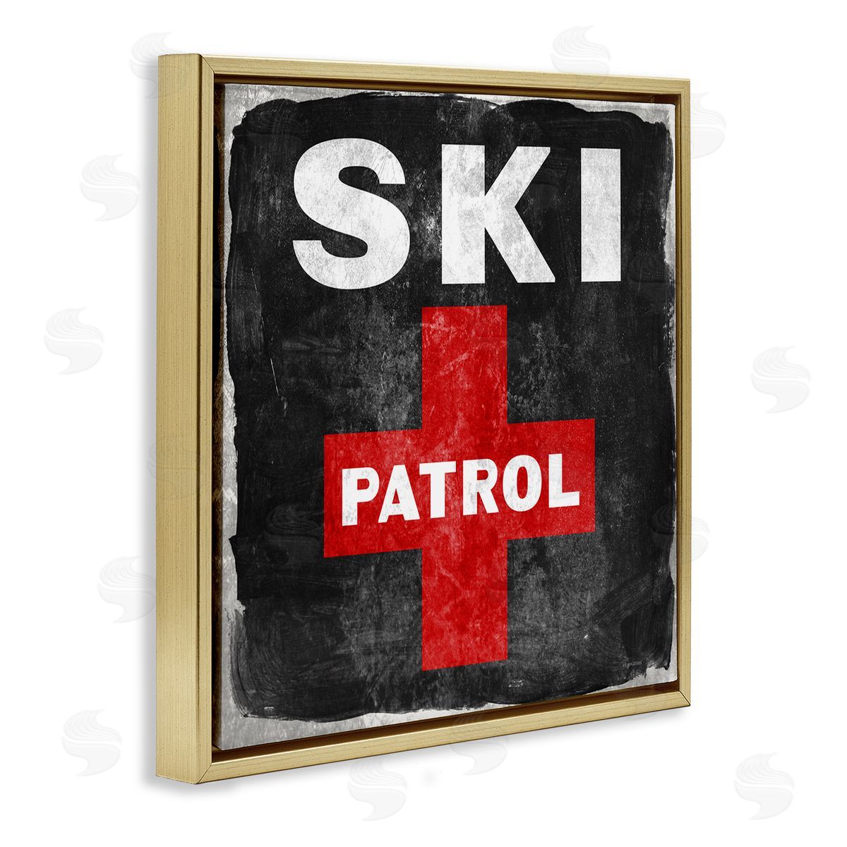 Lady Louise Designs Ski Patrol Sign Red Cross Symbol Rustic Black Gold Floating Frame Canvas Wall Art Print