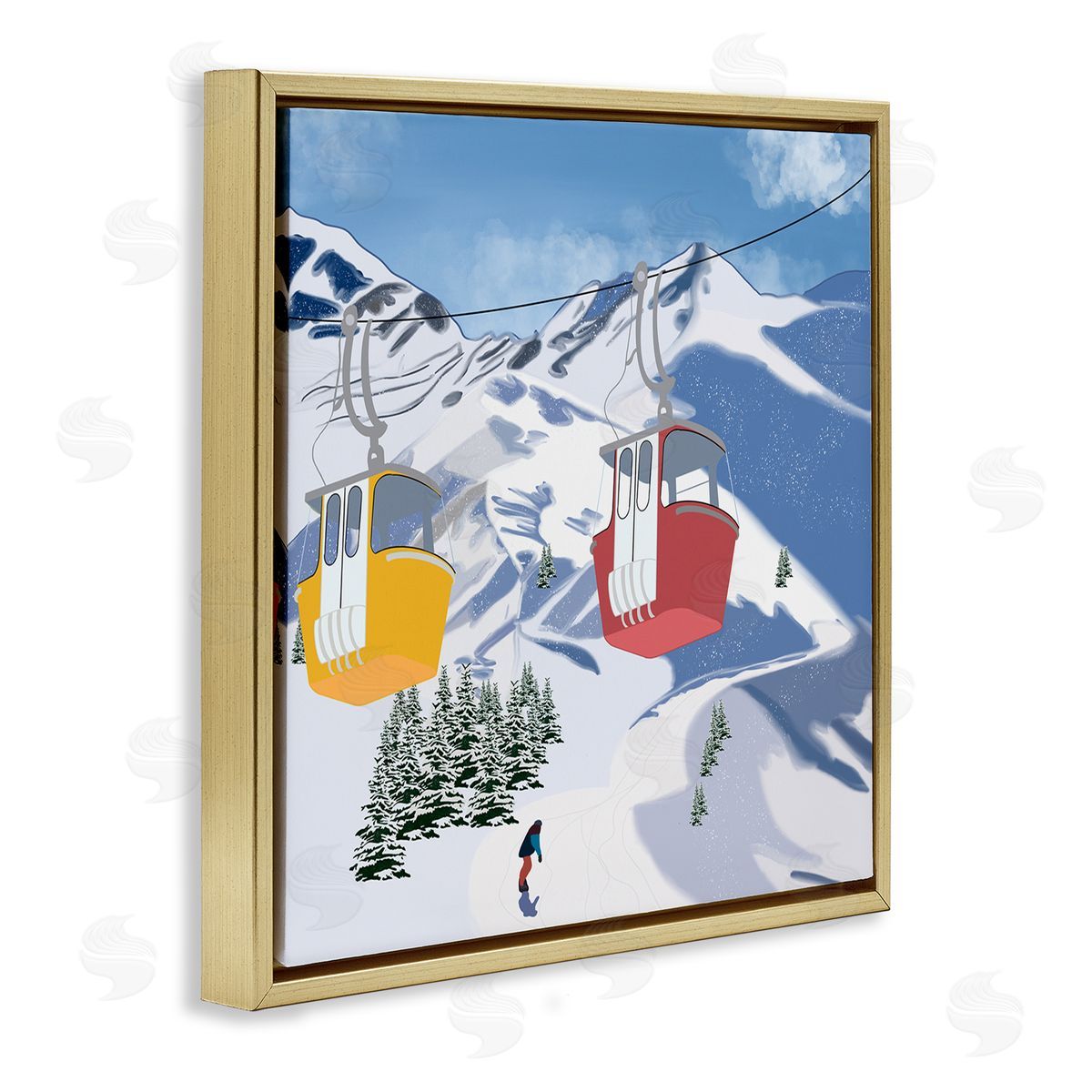 Ashley Singleton Ski Life Shuttle Snowy Mountain Landscape Snowboard Athlete Gold Floating Frame Canvas Wall Art Print