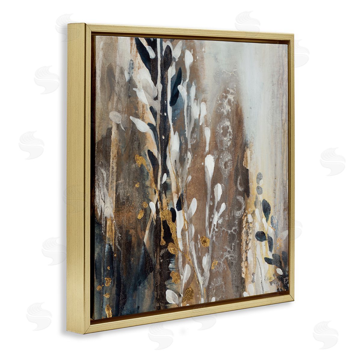 Abstract Cascading Plants Gold Floating Frame Canvas Wall Art, Home Decor by K. Nari