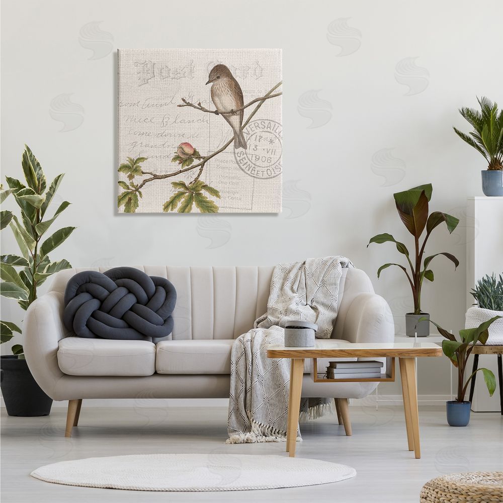 Kim Allen Song Bird Tree Branch Vintage Postal Card Pattern Canvas Wall Art in Room