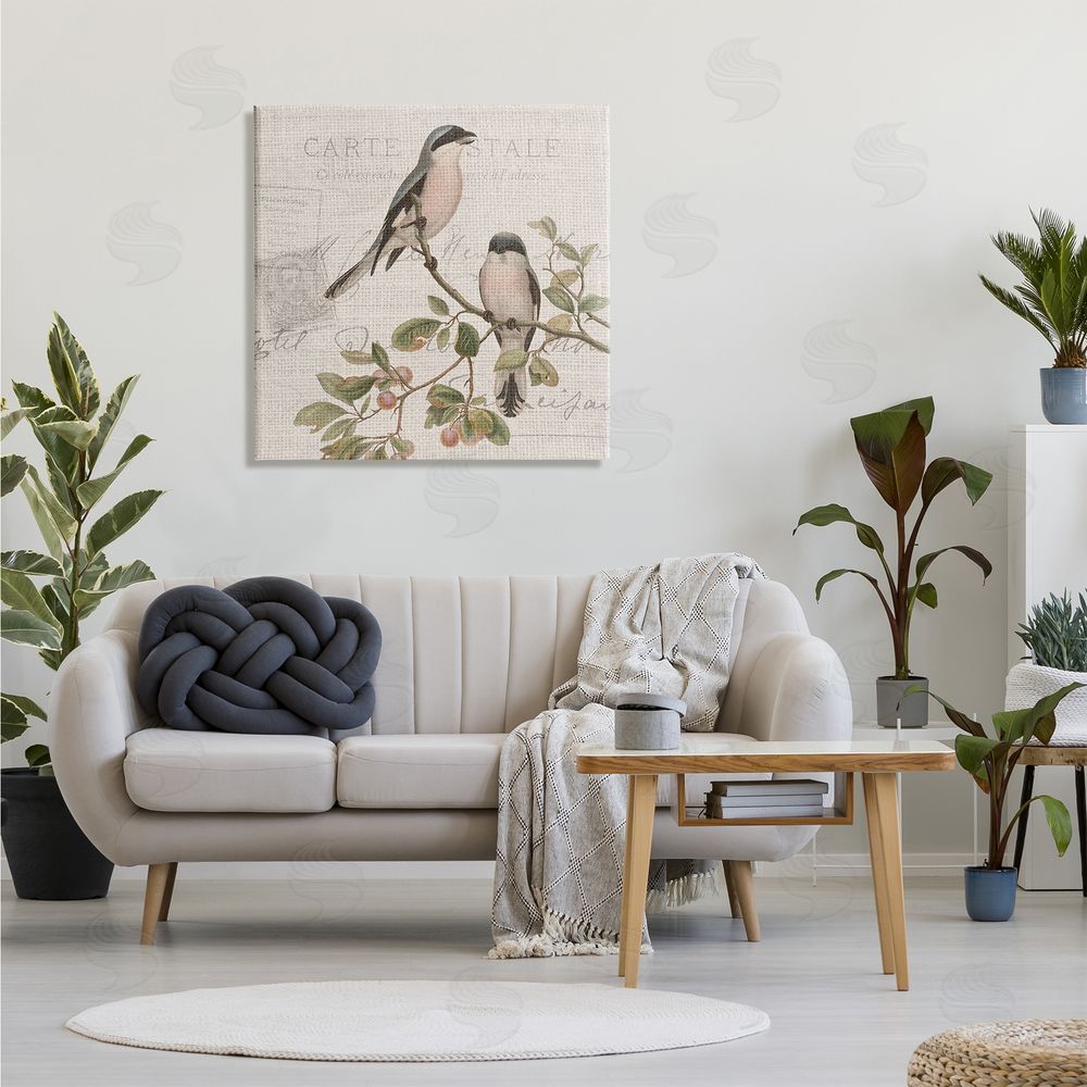 Kim Allen Summer Birds Tree Branch Antique European Postal Pattern Canvas Wall Art in Room