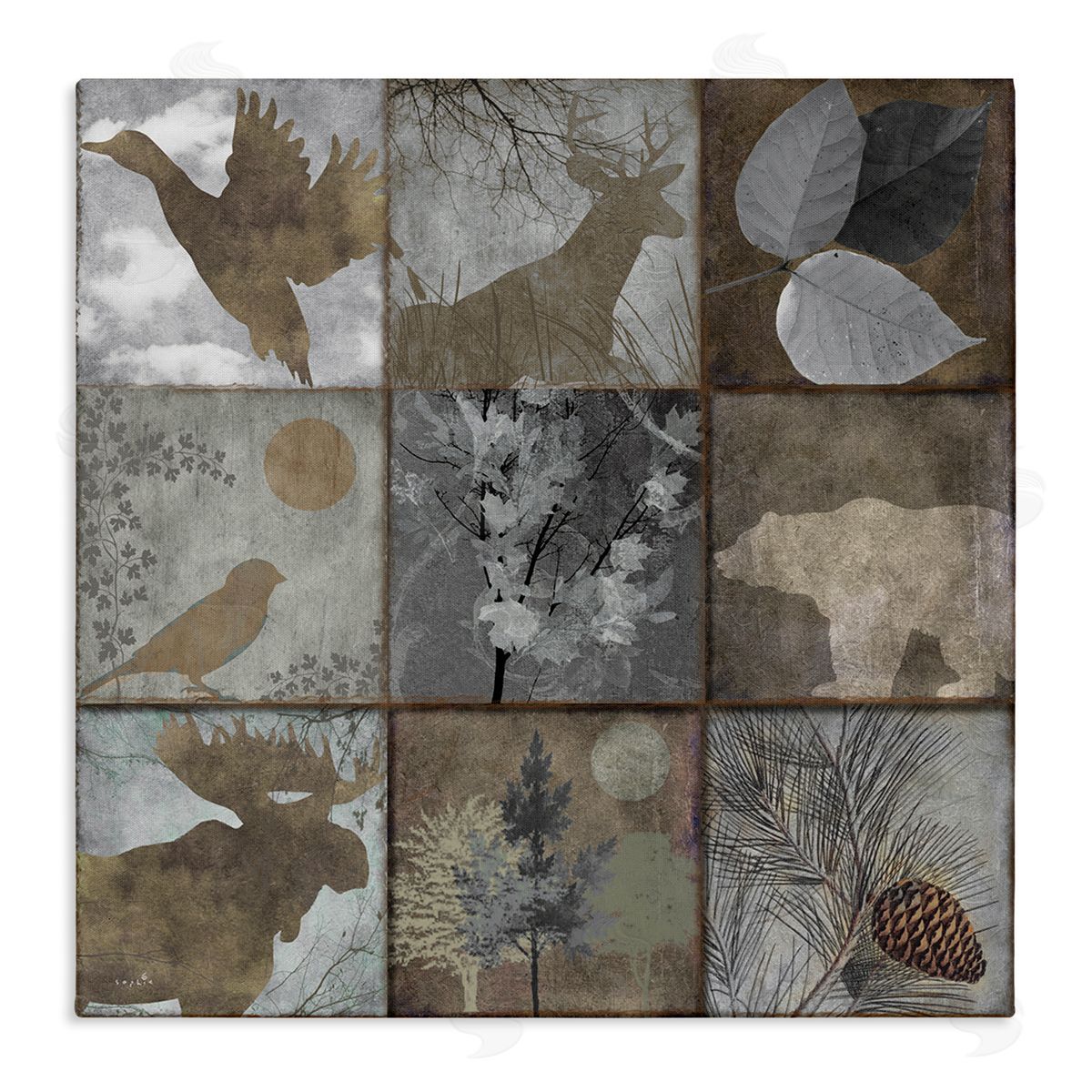 Sophie 6 Rustic Woodland Animal Square Collage Brown Grey Forest Stretched Canvas Wall Art Print