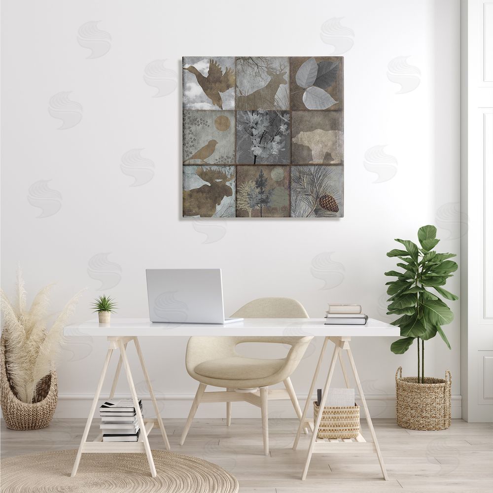 Sophie 6 Rustic Woodland Animal Square Collage Brown Grey Forest Canvas Wall Art in Room
