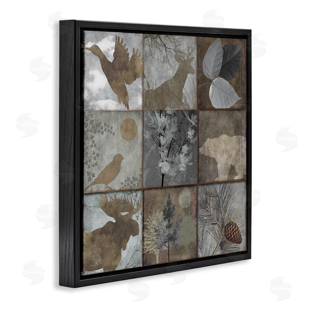 Sophie 6 Rustic Woodland Animal Square Collage Brown Grey Forest Black Floating Frame Canvas Wall Art Print