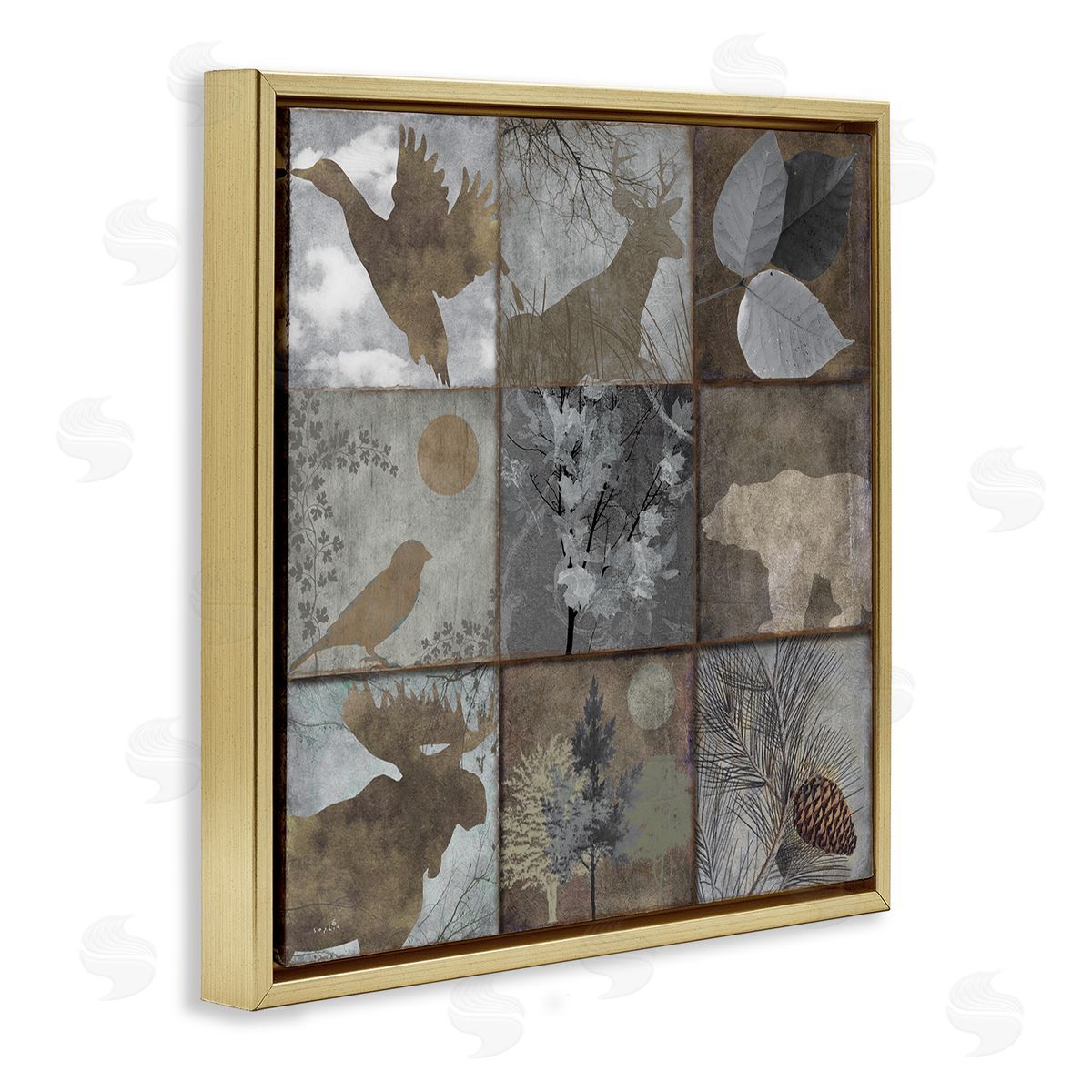 Sophie 6 Rustic Woodland Animal Square Collage Brown Grey Forest Gold Floating Frame Canvas Wall Art Print