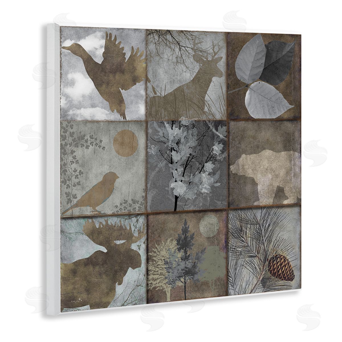 Sophie 6 Rustic Woodland Animal Square Collage Brown Grey Forest Wooden Wall Plaque Art Print