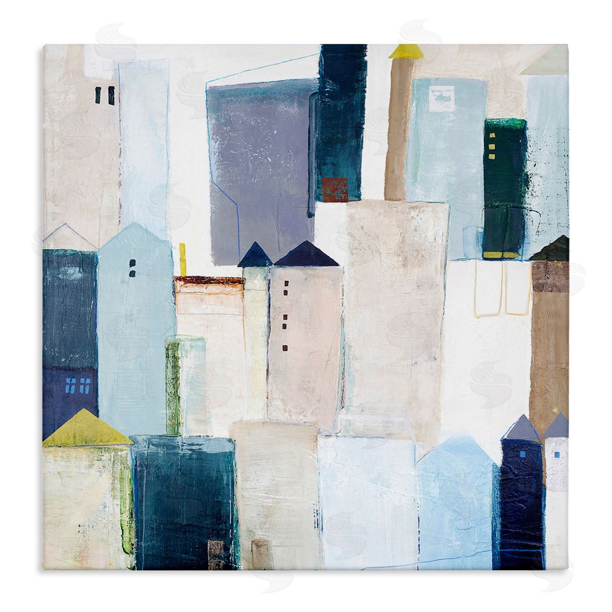Design Fabrikken Urban City Street Abstract Landscape Painting Blue Beige Stretched Canvas Wall Art Print