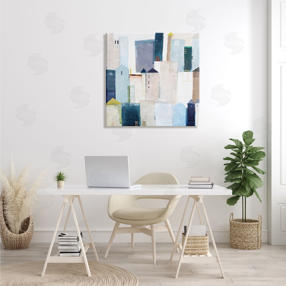 Design Fabrikken Urban City Street Abstract Landscape Painting Blue Beige Canvas Wall Art in Room