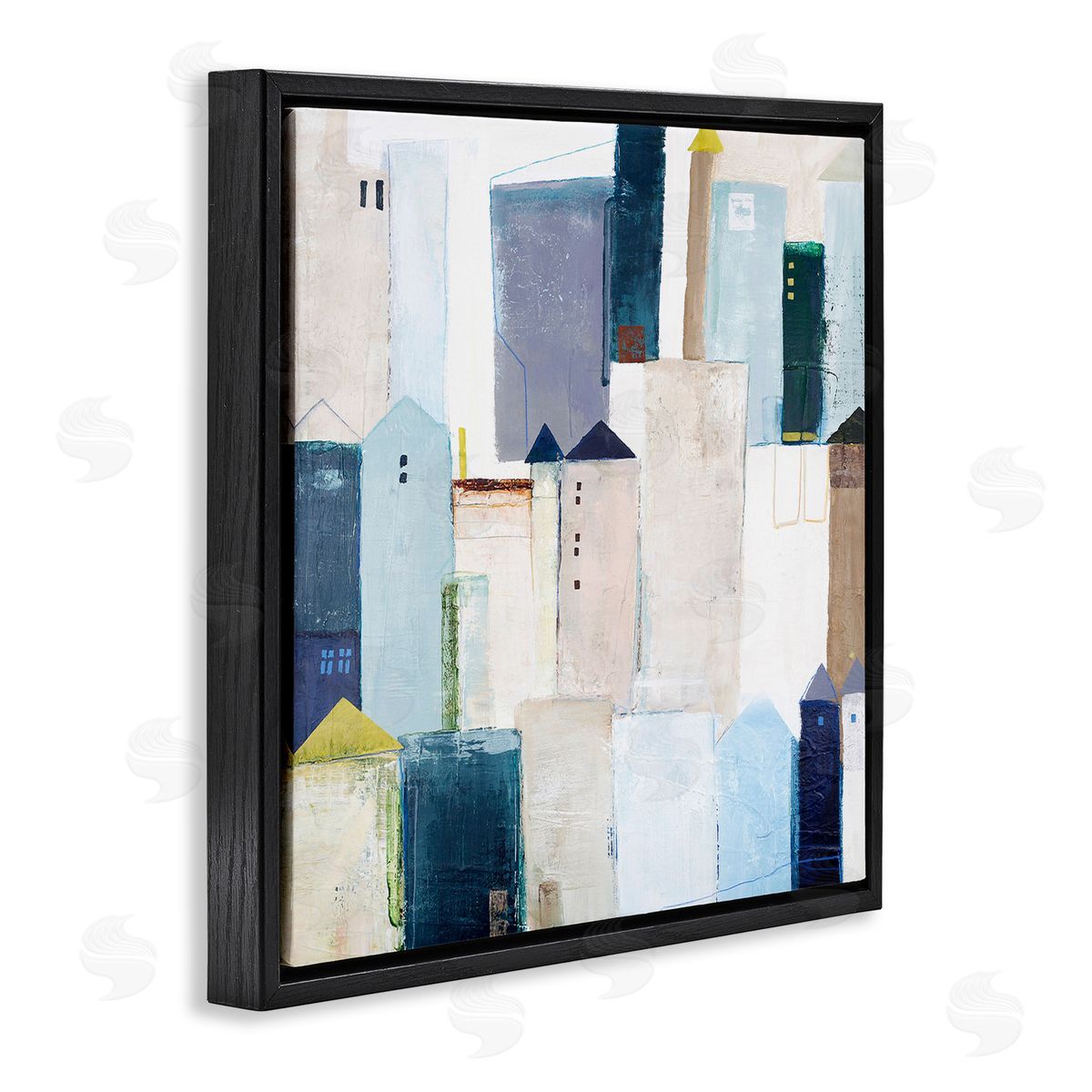 Design Fabrikken Urban City Street Abstract Landscape Painting Blue Beige Black Floating Frame Canvas Wall Art Print