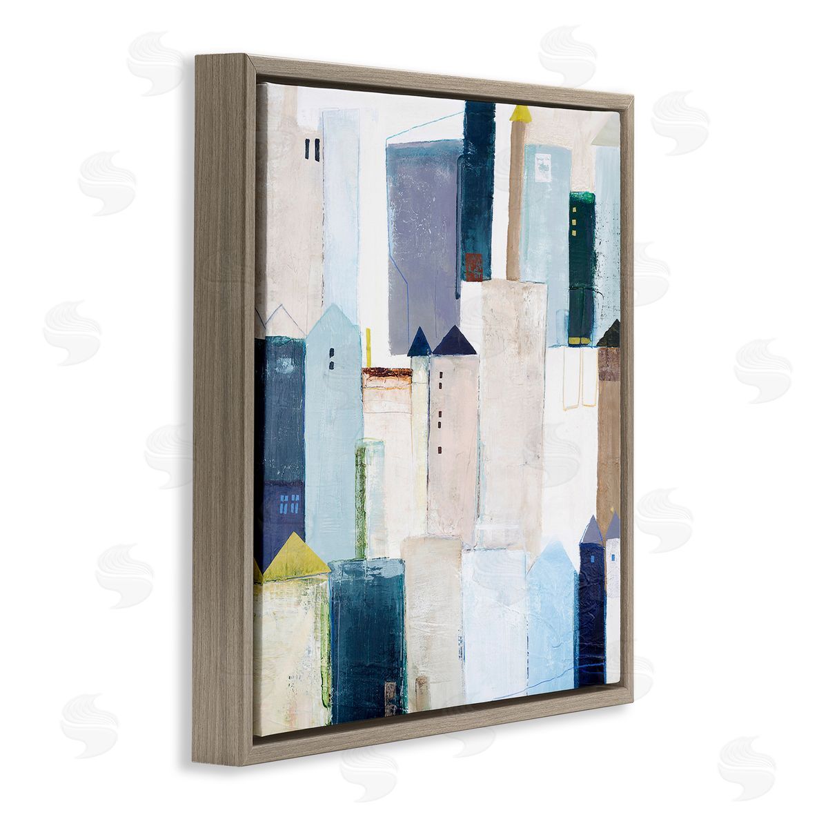 Design Fabrikken Urban City Street Abstract Landscape Painting Blue Beige Brown Floating Frame Canvas Wall Art Print
