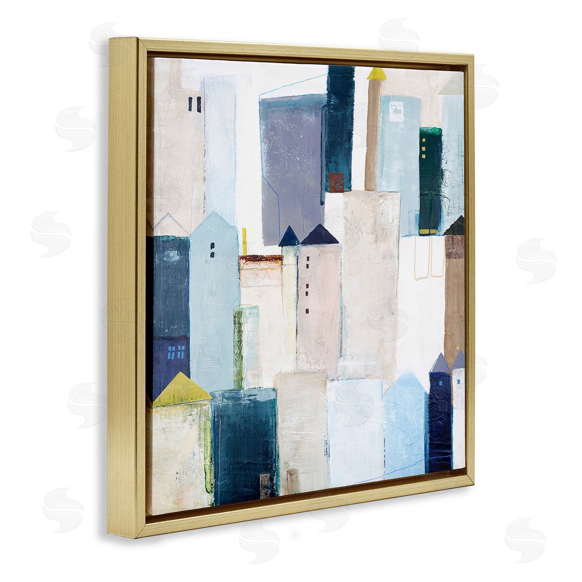 Design Fabrikken Urban City Street Abstract Landscape Painting Blue Beige Gold Floating Frame Canvas Wall Art Print