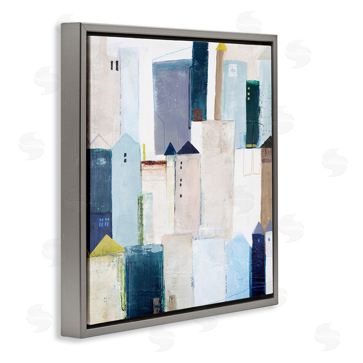 Design Fabrikken Urban City Street Abstract Landscape Painting Blue Beige Gray Floating Frame Canvas Wall Art Print