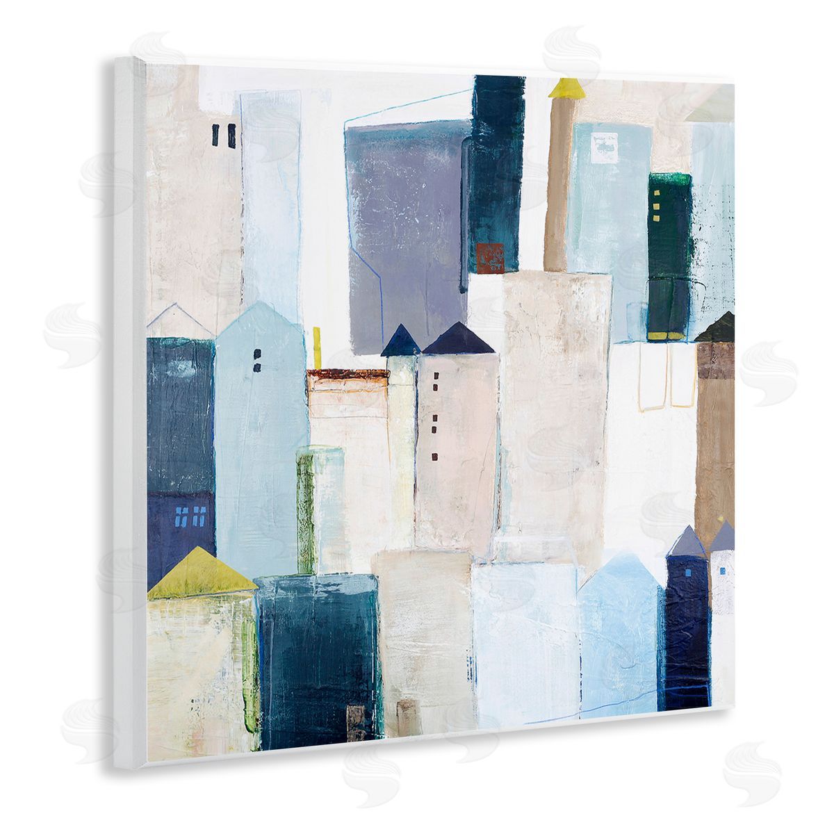 Design Fabrikken Urban City Street Abstract Landscape Painting Blue Beige Wooden Wall Plaque Art Print