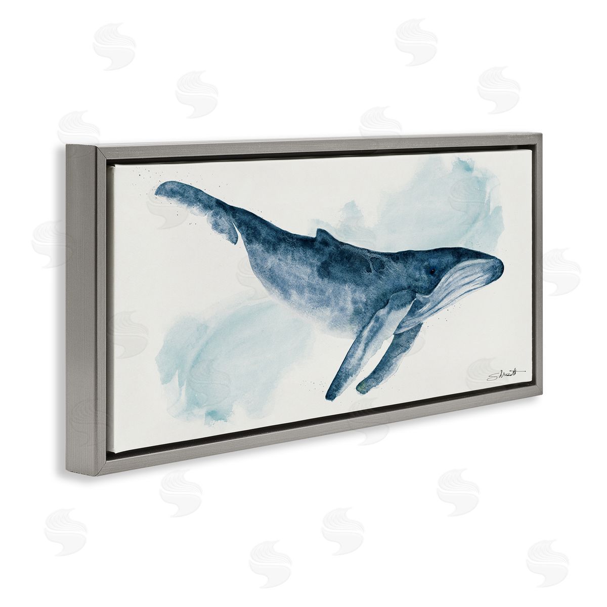 Nautical Humpback Whale Grey Floating Frame Canvas Wall Art, Home Decor by Stephanie Workman Marrott