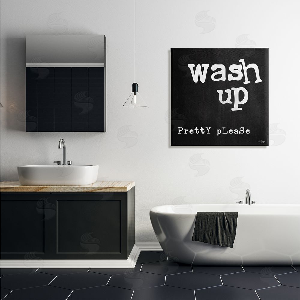 Jaxn Blvd. Wash Up Pretty Please Bathroom Sign Black White Canvas Wall Art in Room