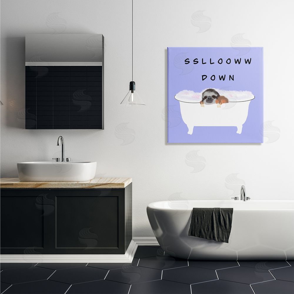 Ashley Singleton Slow Down Baby Sloth Bubble Bath Lavender Purple Canvas Wall Art in Room