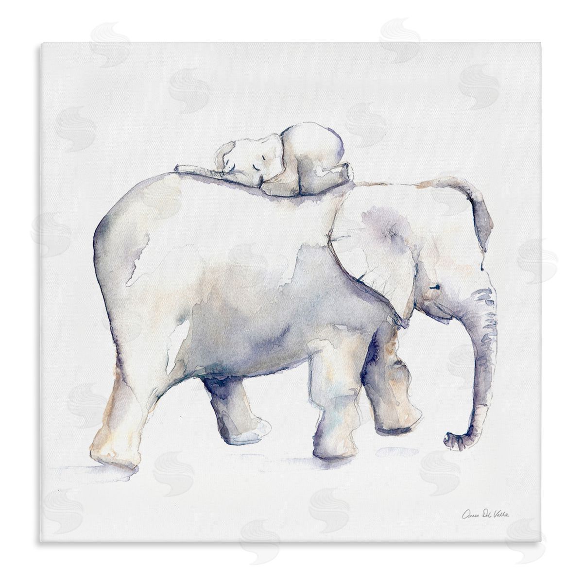 Aimee Del Valle Children's Baby Elephant Sleeping on Mother Safari Animal Stretched Canvas Wall Art Print