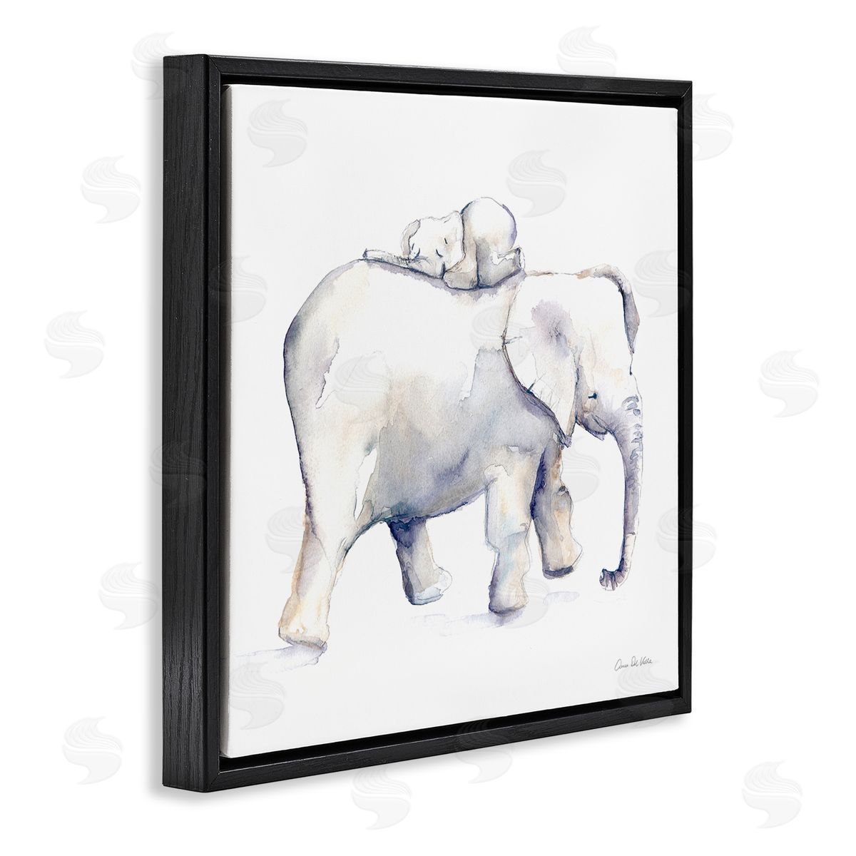 Aimee Del Valle Children's Baby Elephant Sleeping on Mother Safari Animal Black Floating Frame Canvas Wall Art Print