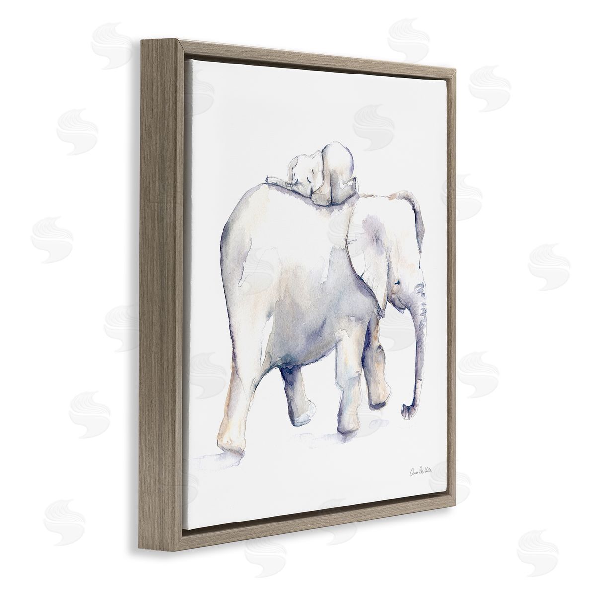 Aimee Del Valle Children's Baby Elephant Sleeping on Mother Safari Animal Brown Floating Frame Canvas Wall Art Print