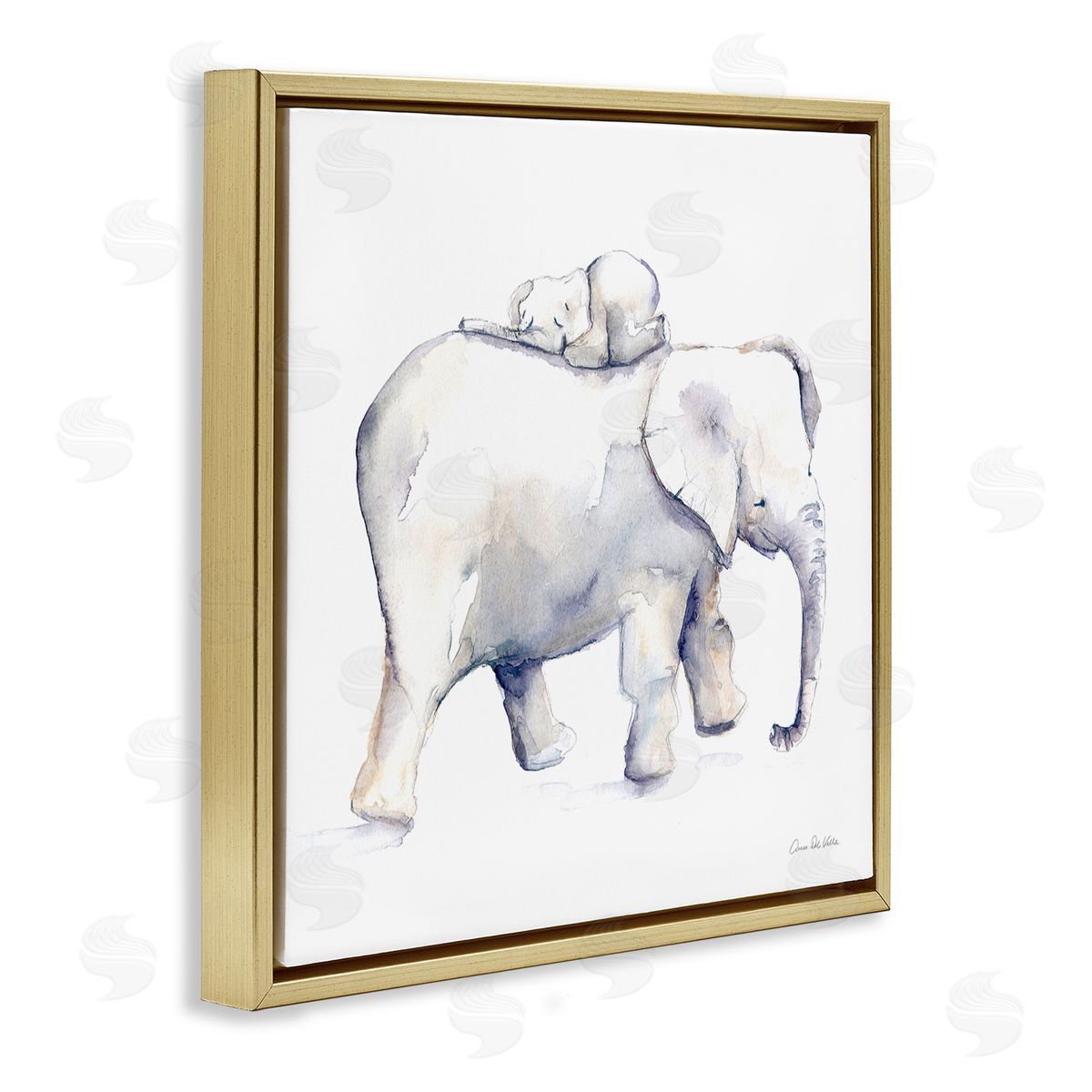 Aimee Del Valle Children's Baby Elephant Sleeping on Mother Safari Animal Gold Floating Frame Canvas Wall Art Print