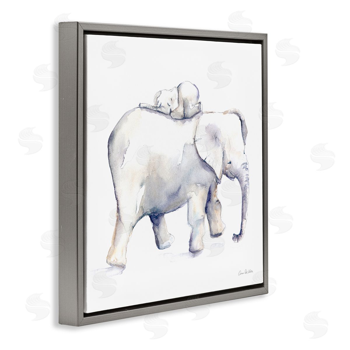 Aimee Del Valle Children's Baby Elephant Sleeping on Mother Safari Animal Gray Floating Frame Canvas Wall Art Print