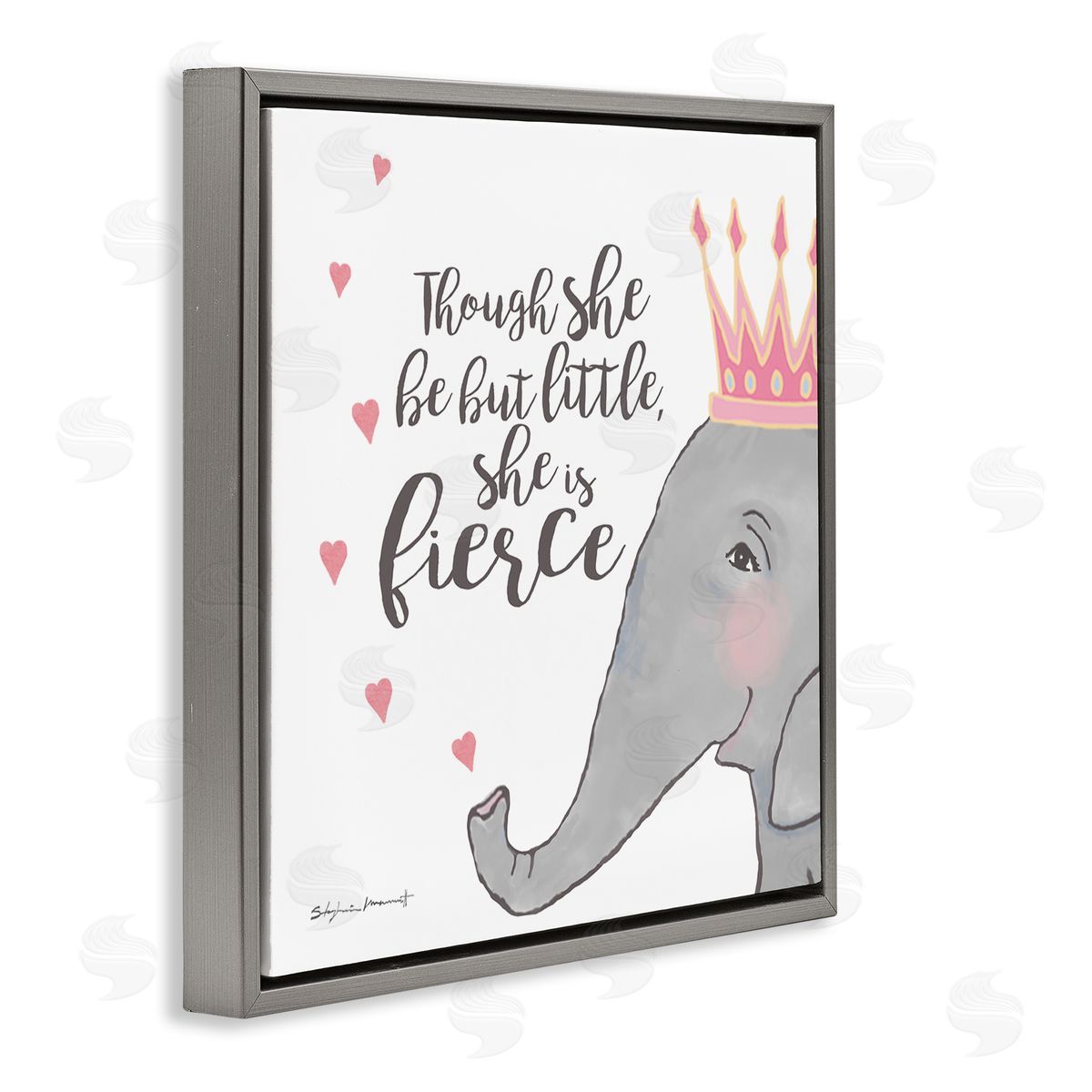 Stephanie Workman Marrott She is Fierce Phrase Girls' Princess Elephant Pink Gray Floating Frame Canvas Wall Art Print