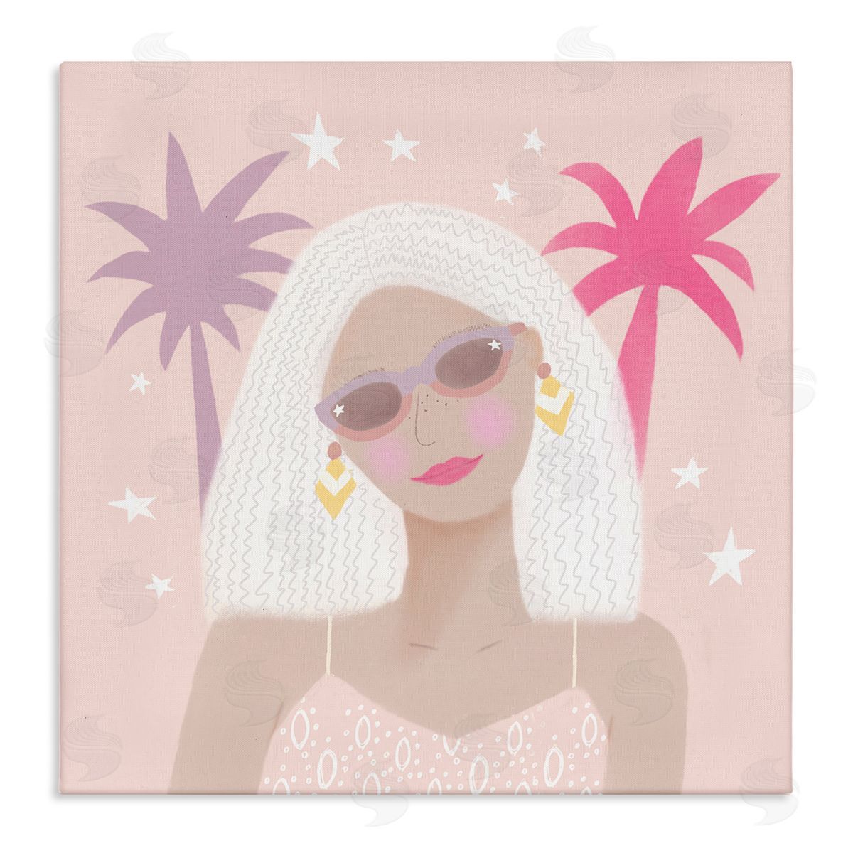 Tina Devins Tropical Girl Fashionista Pink Palm Trees Starry Sky Stretched Canvas Wall Art Print