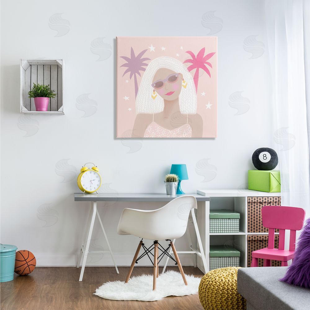 Tina Devins Tropical Girl Fashionista Pink Palm Trees Starry Sky Canvas Wall Art in Room