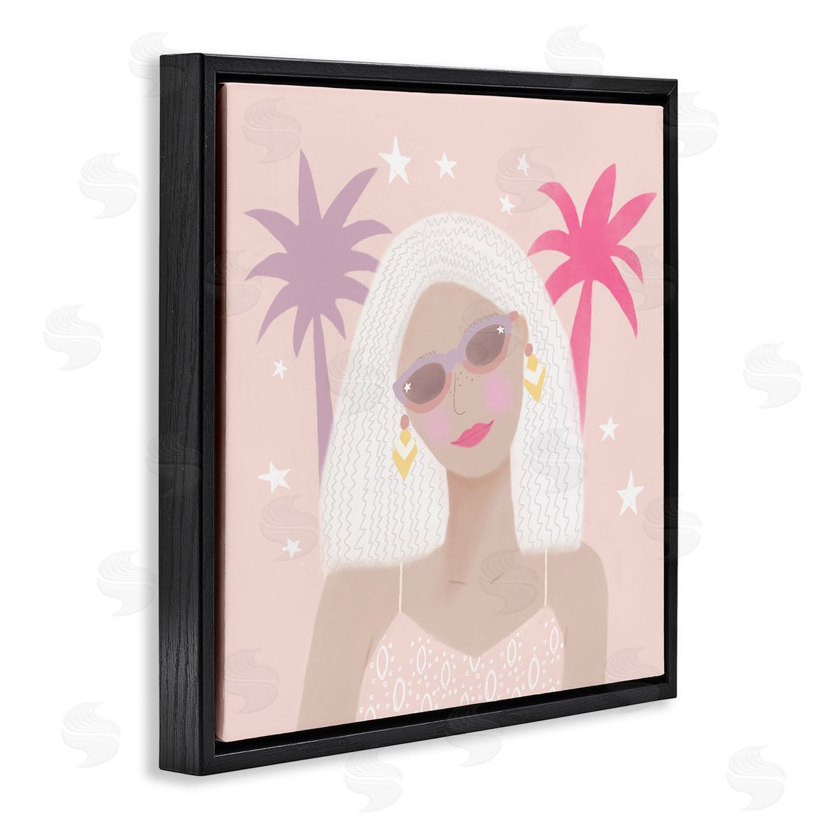Tina Devins Tropical Girl Fashionista Pink Palm Trees Starry Sky Black Floating Frame Canvas Wall Art Print
