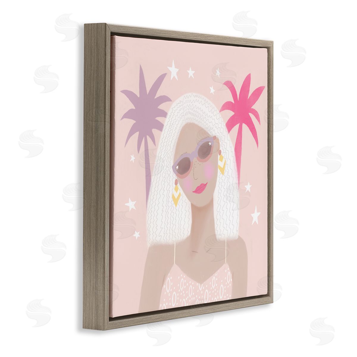 Tina Devins Tropical Girl Fashionista Pink Palm Trees Starry Sky Brown Floating Frame Canvas Wall Art Print