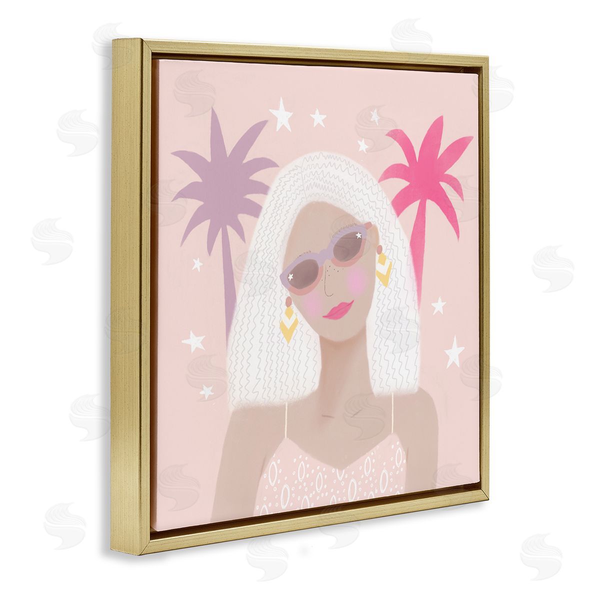 Tina Devins Tropical Girl Fashionista Pink Palm Trees Starry Sky Gold Floating Frame Canvas Wall Art Print