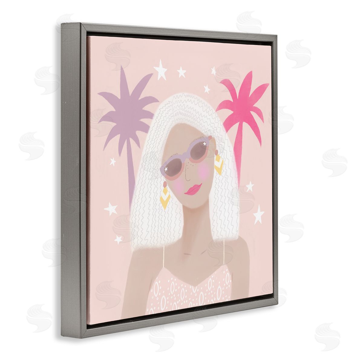 Tina Devins Tropical Girl Fashionista Pink Palm Trees Starry Sky Gray Floating Frame Canvas Wall Art Print