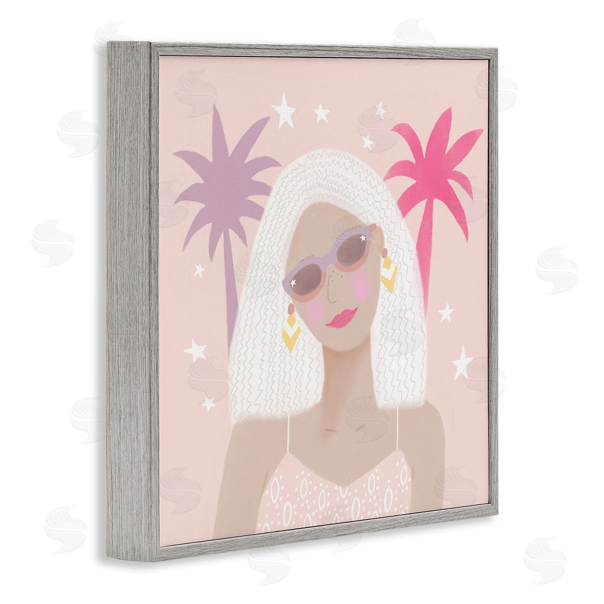 Tina Devins Tropical Girl Fashionista Pink Palm Trees Starry Sky Gray Framed Glicee Wall Art Print