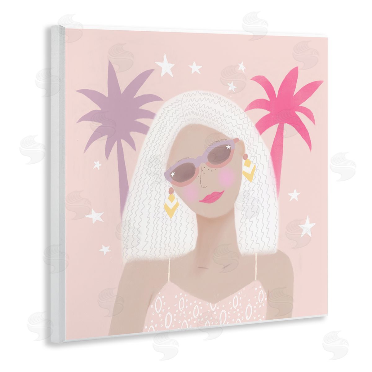 Tina Devins Tropical Girl Fashionista Pink Palm Trees Starry Sky Wooden Wall Plaque Art Print