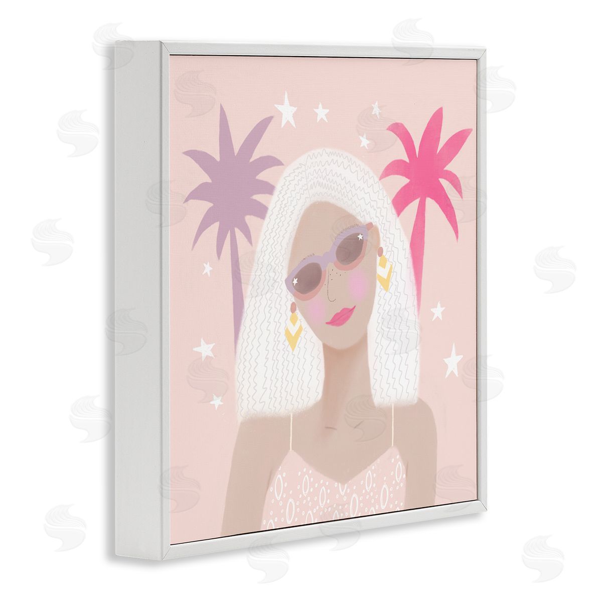 Tina Devins Tropical Girl Fashionista Pink Palm Trees Starry Sky White Framed Glicee Wall Art Print