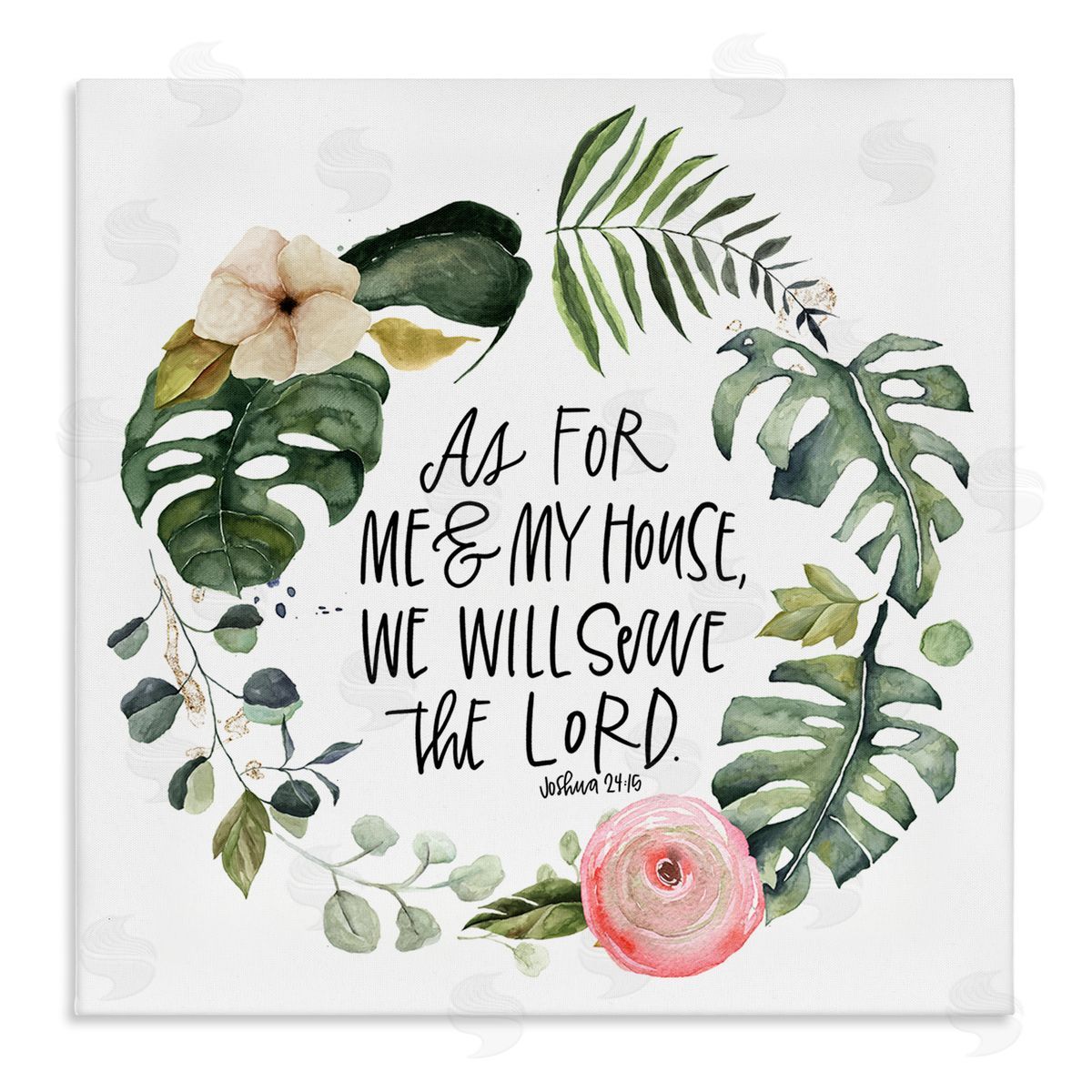 Valerie Wieners Serve the Lord Joshua 24:15 Tropical Palm Wreathe Stretched Canvas Wall Art Print
