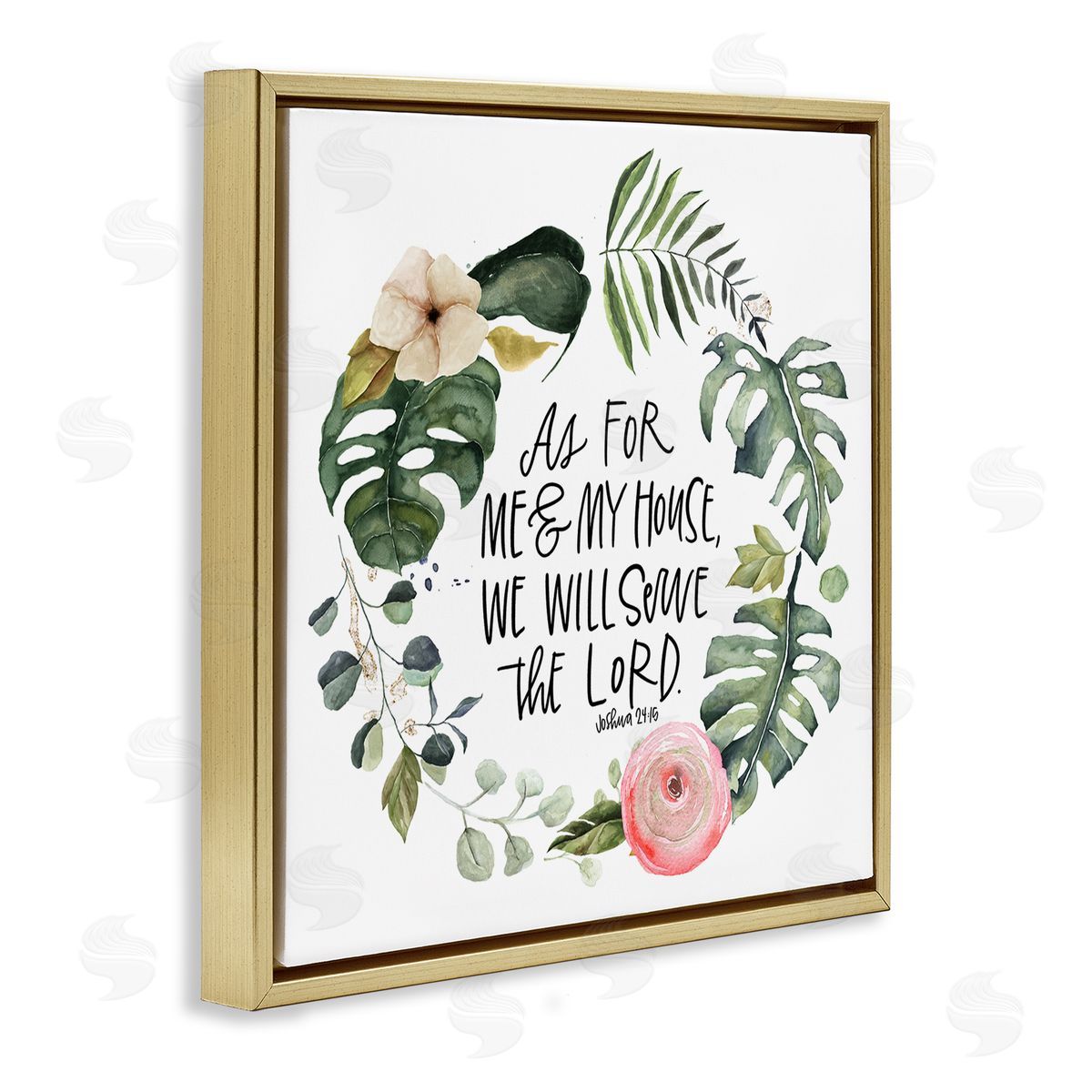 Valerie Wieners Serve the Lord Joshua 24:15 Tropical Palm Wreathe Gold Floating Frame Canvas Wall Art Print