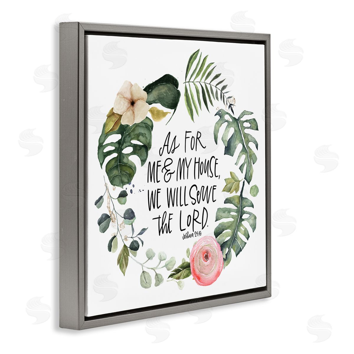 Valerie Wieners Serve the Lord Joshua 24:15 Tropical Palm Wreathe Gray Floating Frame Canvas Wall Art Print