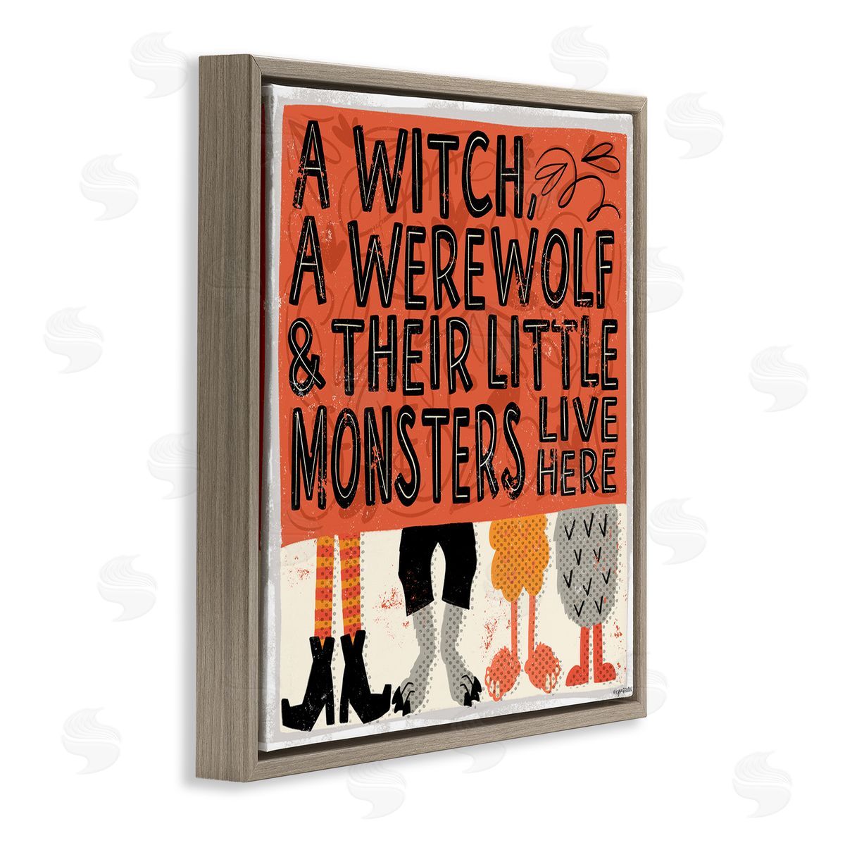 Lady Louise Designs Witch Werewolf Little Monsters Live Here Halloween Family Brown Floating Frame Canvas Wall Art Print