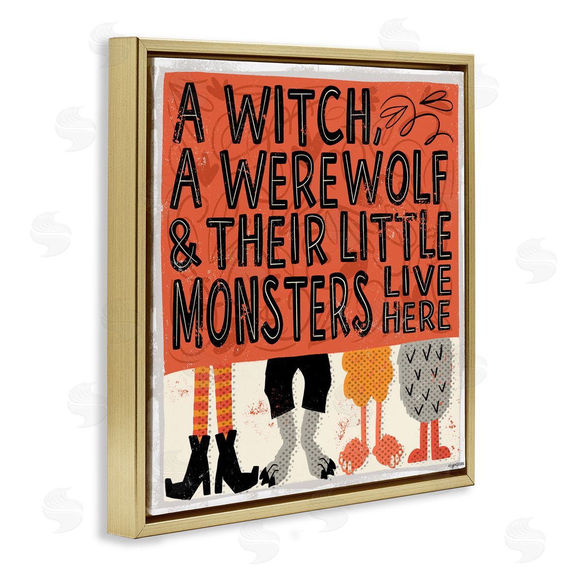 Lady Louise Designs Witch Werewolf Little Monsters Live Here Halloween Family Gold Floating Frame Canvas Wall Art Print