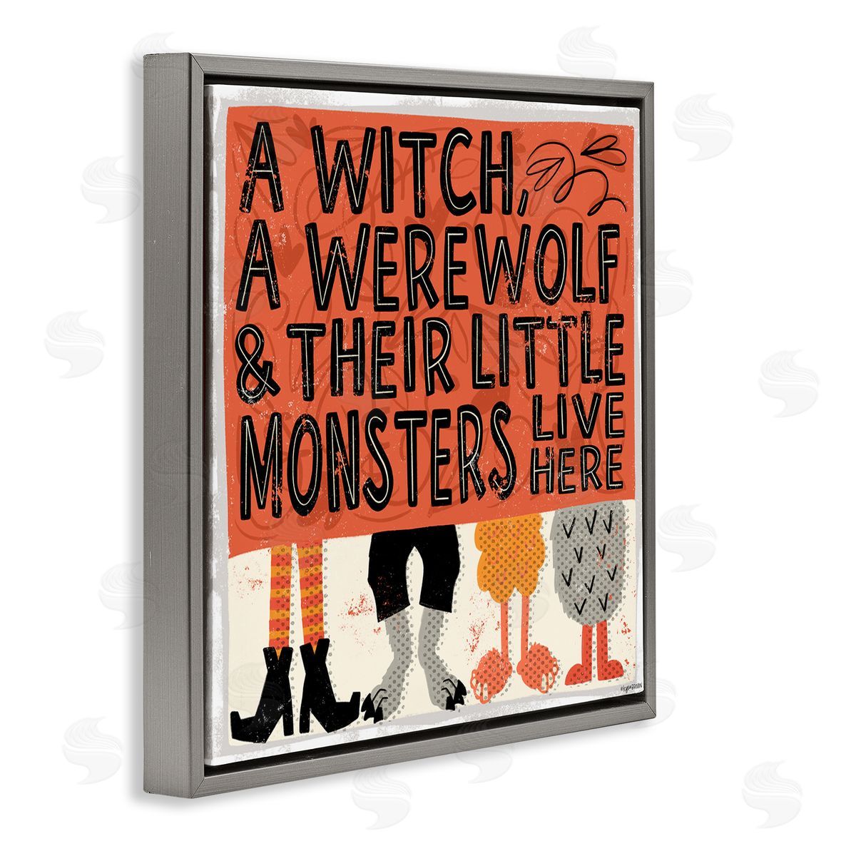 Lady Louise Designs Witch Werewolf Little Monsters Live Here Halloween Family Gray Floating Frame Canvas Wall Art Print