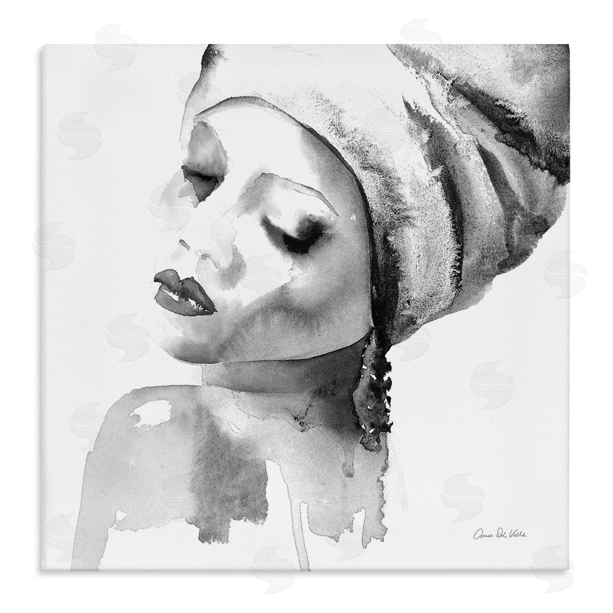 Aimee Del Valle Woman With Headwrap Tranquil Black White Watercolor Portrait Stretched Canvas Wall Art Print
