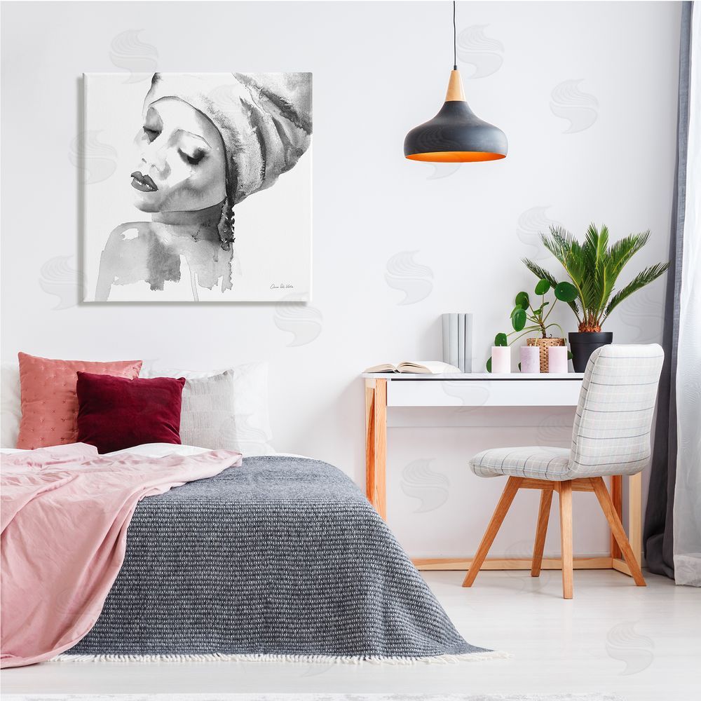 Aimee Del Valle Woman With Headwrap Tranquil Black White Watercolor Portrait Canvas Wall Art in Room