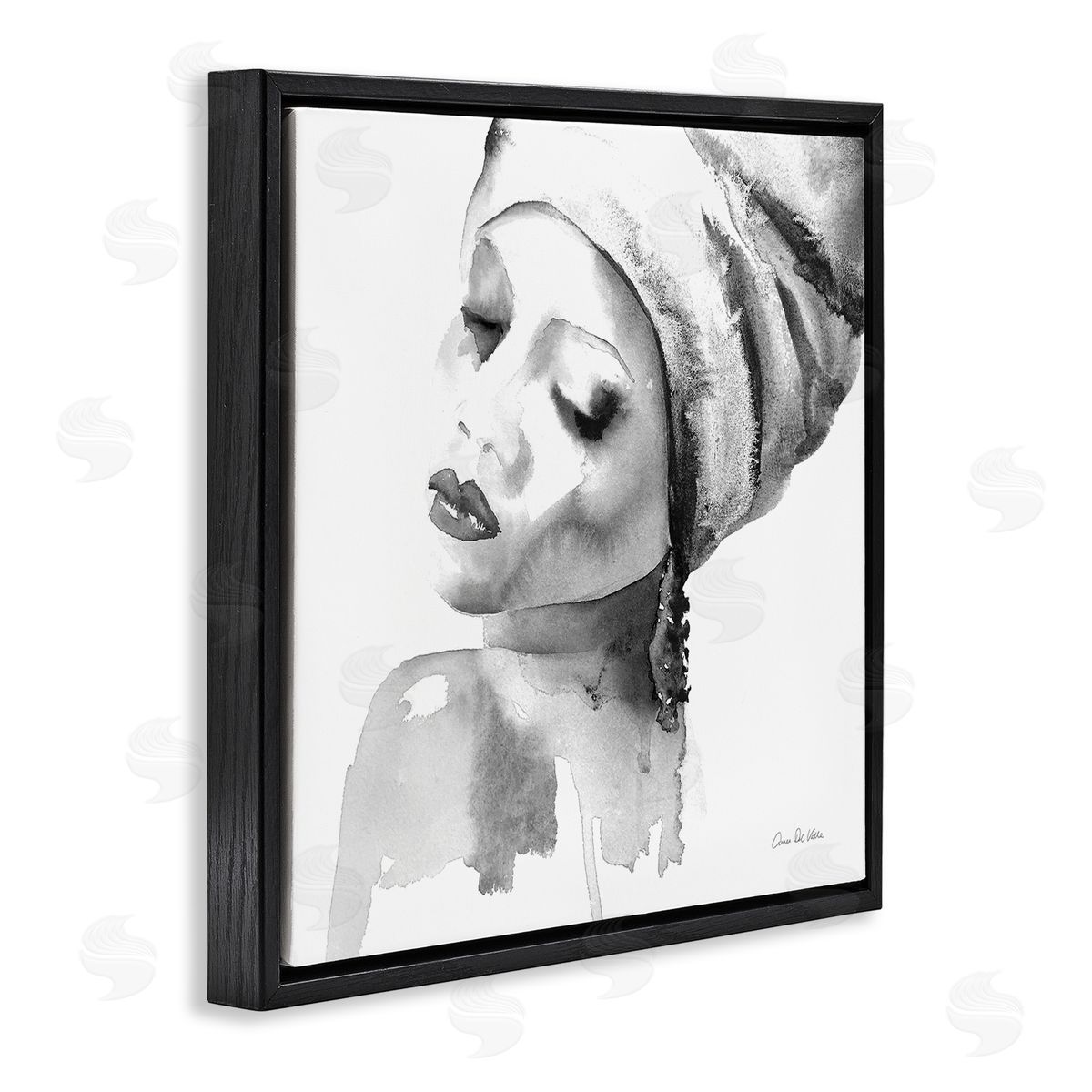 Aimee Del Valle Woman With Headwrap Tranquil Black White Watercolor Portrait Black Floating Frame Canvas Wall Art Print
