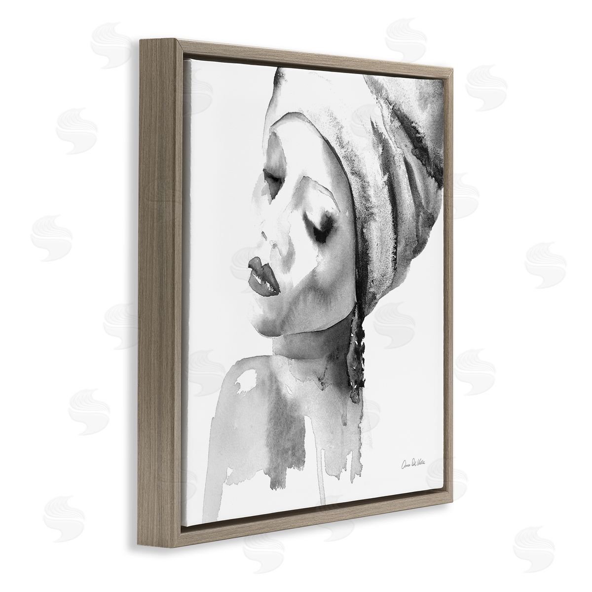 Aimee Del Valle Woman With Headwrap Tranquil Black White Watercolor Portrait Brown Floating Frame Canvas Wall Art Print