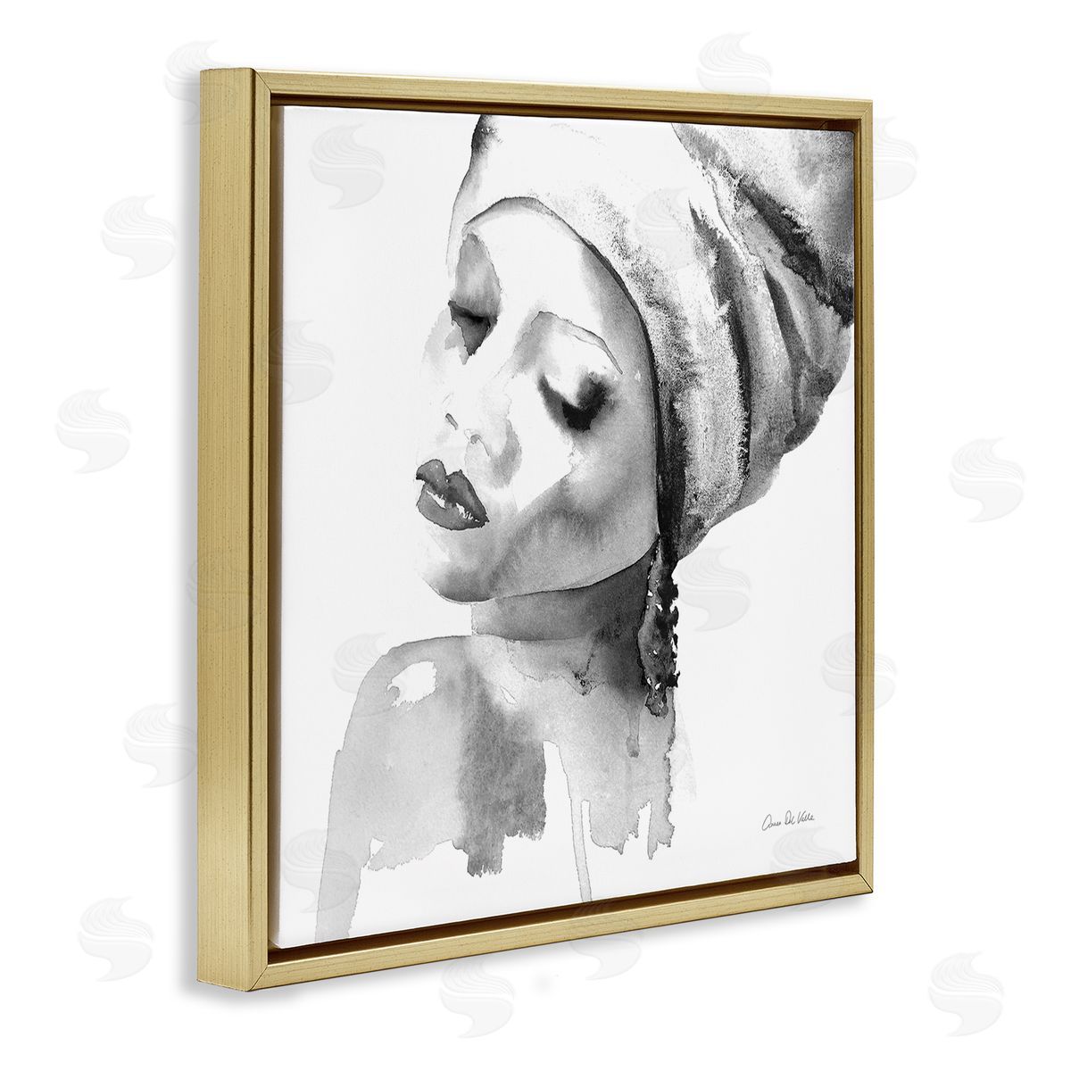 Aimee Del Valle Woman With Headwrap Tranquil Black White Watercolor Portrait Gold Floating Frame Canvas Wall Art Print